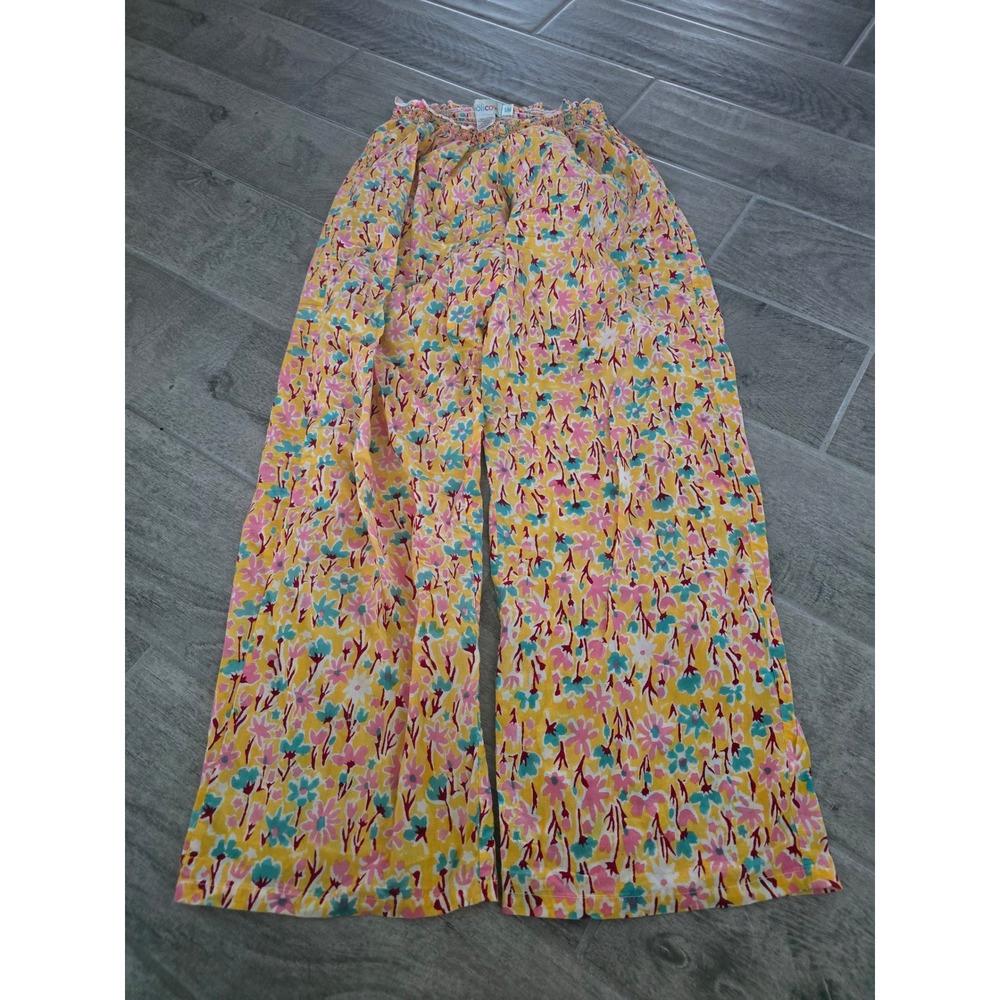 Holicow Womens Yellow Floral Wide Leg Cotton Smocked Waist Pants Size S/M USA